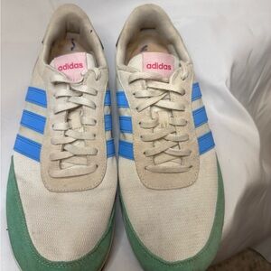 Adidas Men's Cream and Blue Sneakers with Green Accents